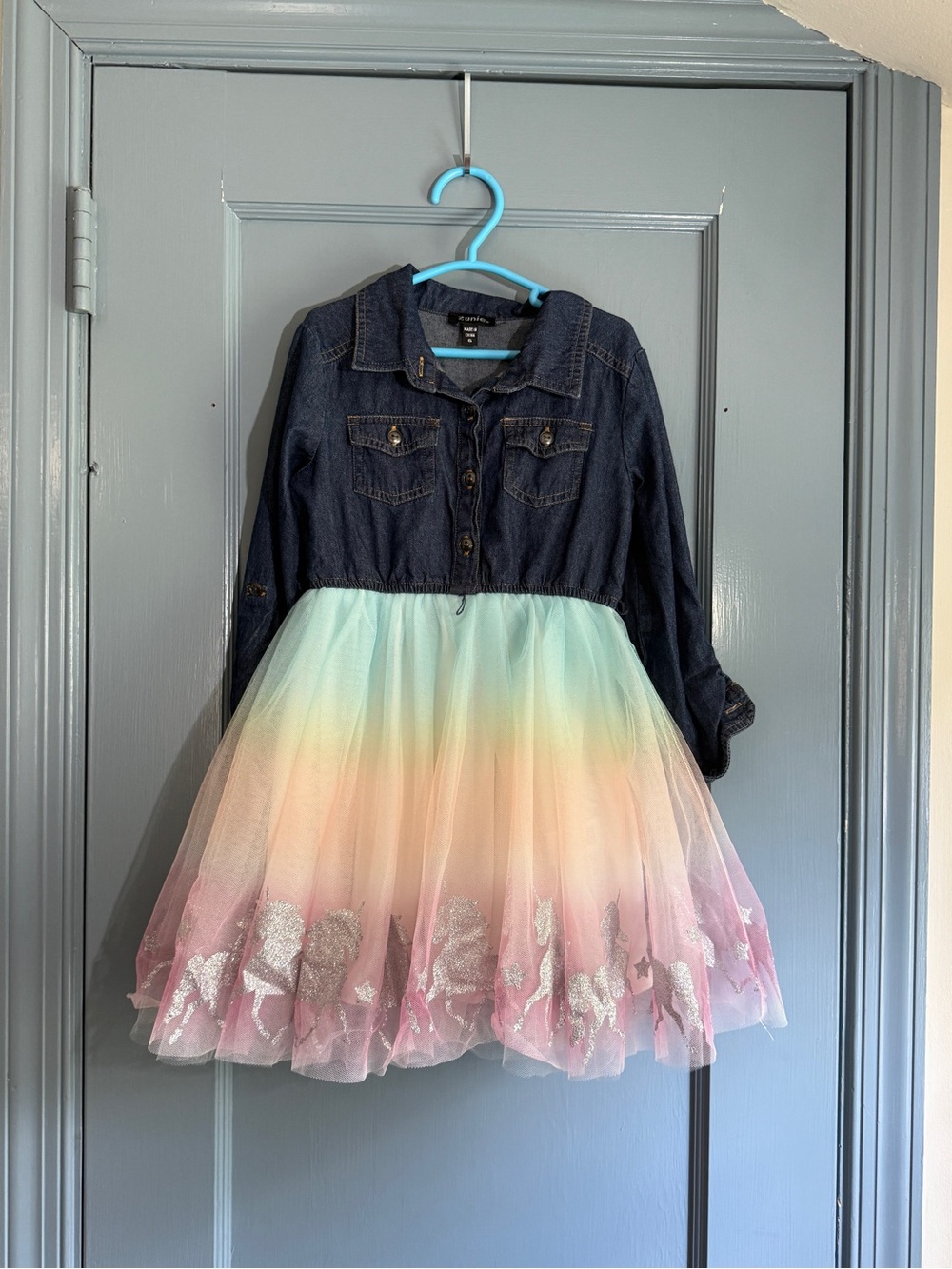 Zunie Denim Top Rainbow Tulle Dress